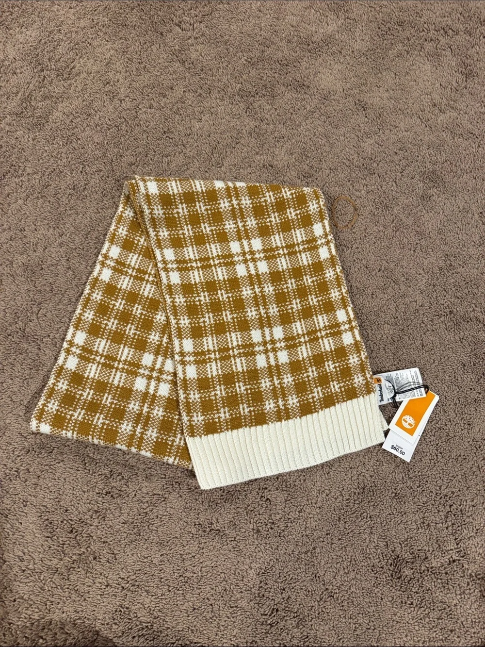 Timberland unisex scarf Plaid Knit Scarf with Ribbed Edge - White & Mustard NEW